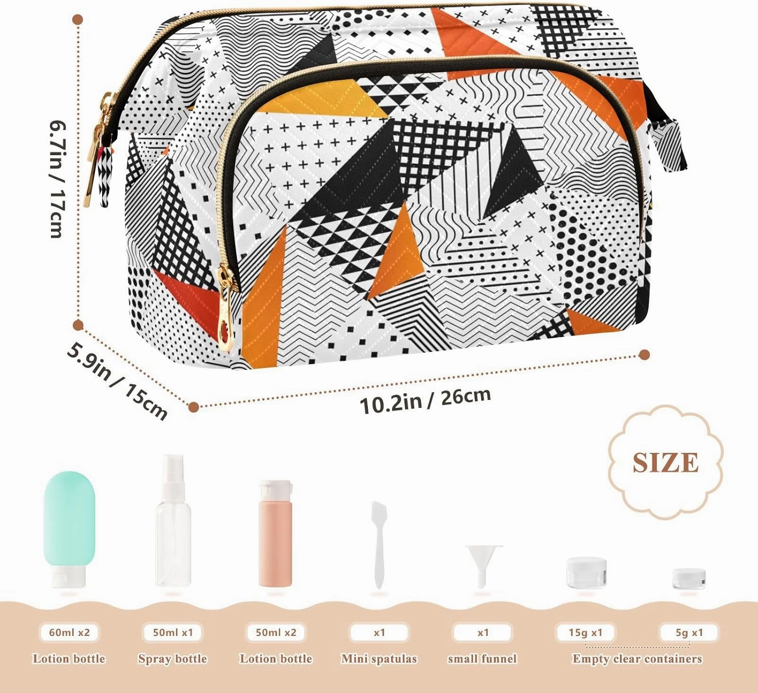 Triangle Seamless Pattern Orange Black White Polygonal Geometric Women Cosmetic Bag Makeup Bag Stylish Trip Beauty Bag Travel Toiletry Bag with Bottle Organizer 10.2 x 5.9 x 6.7 inch