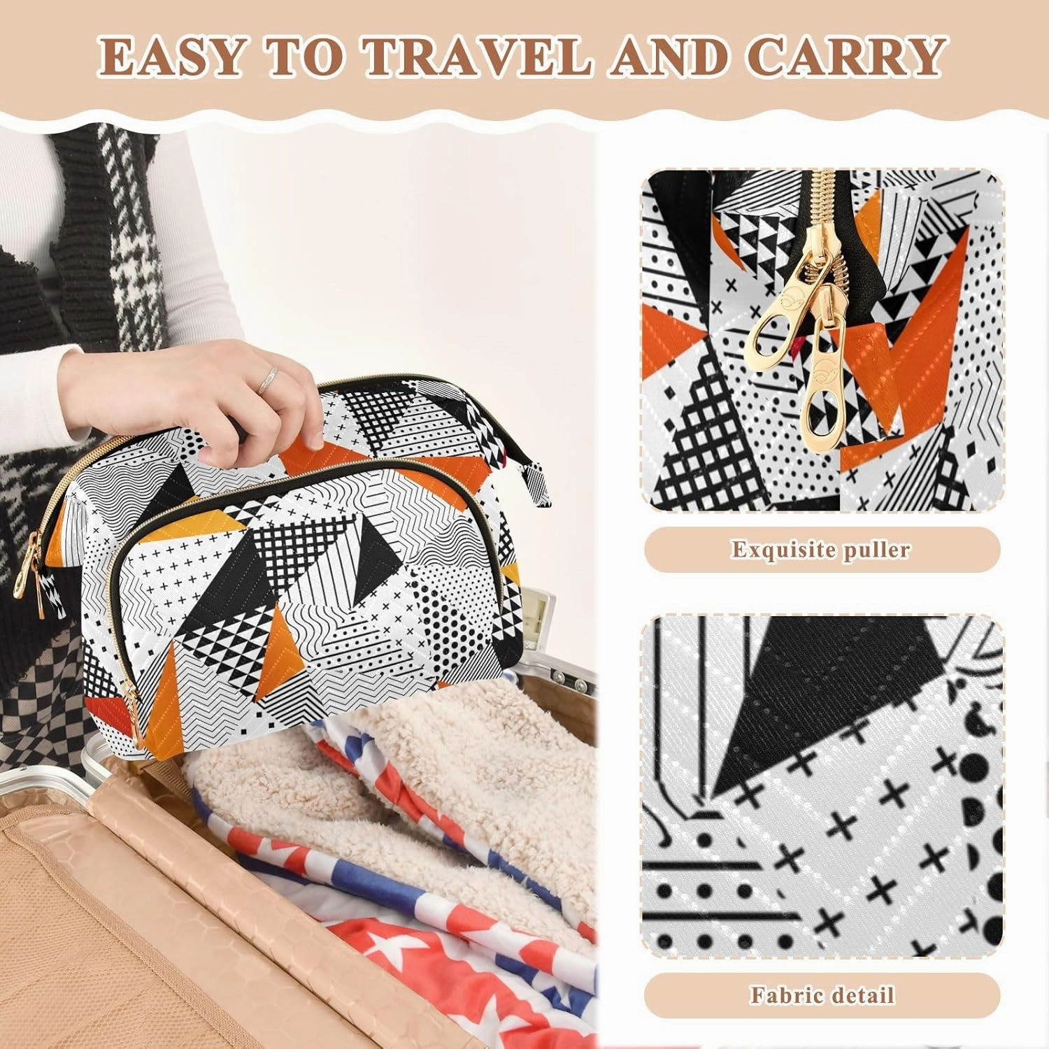Triangle Seamless Pattern Orange Black White Polygonal Geometric Women Cosmetic Bag Makeup Bag Stylish Trip Beauty Bag Travel Toiletry Bag with Bottle Organizer 10.2 x 5.9 x 6.7 inch
