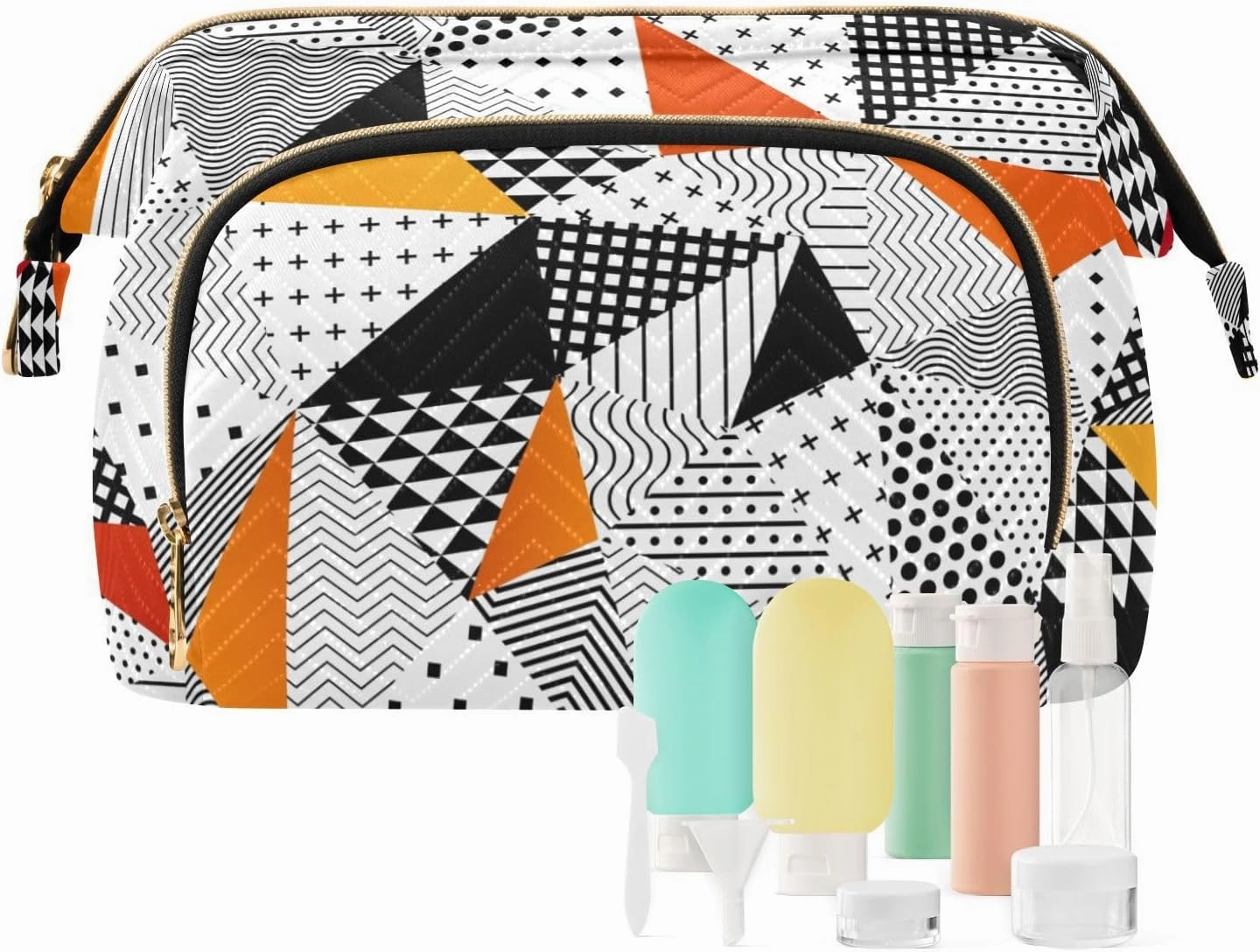 Triangle Seamless Pattern Orange Black White Polygonal Geometric Women Cosmetic Bag Makeup Bag Stylish Trip Beauty Bag Travel Toiletry Bag with Bottle Organizer 10.2 x 5.9 x 6.7 inch