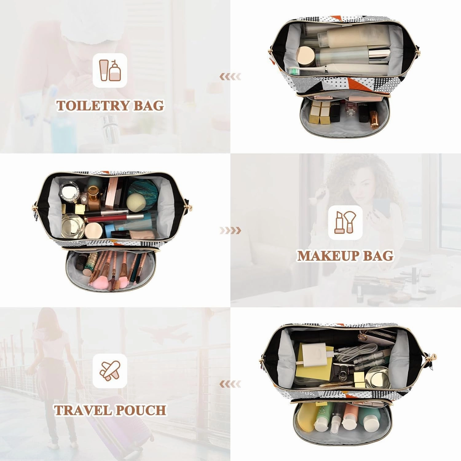 Triangle Seamless Pattern Orange Black White Polygonal Geometric Women Cosmetic Bag Makeup Bag Stylish Trip Beauty Bag Travel Toiletry Bag with Bottle Organizer 10.2 x 5.9 x 6.7 inch