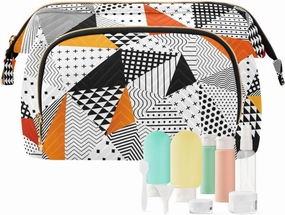 Triangle Seamless Pattern Orange Black White Polygonal Geometric Women Cosmetic Bag Makeup Bag Stylish Trip Beauty Bag Travel Toiletry Bag with Bottle Organizer 10.2 x 5.9 x 6.7 inch
