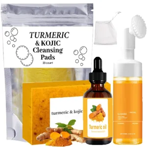 Turmeric Wash and Care 4 Piece Set - Turmeric Soap Bar & Cleansing Pads & Mousse Cleanser & Essential Oil, Facial Wash Kit for Women & Men, Exfoliating Scrub Pads for Face & Body (A)