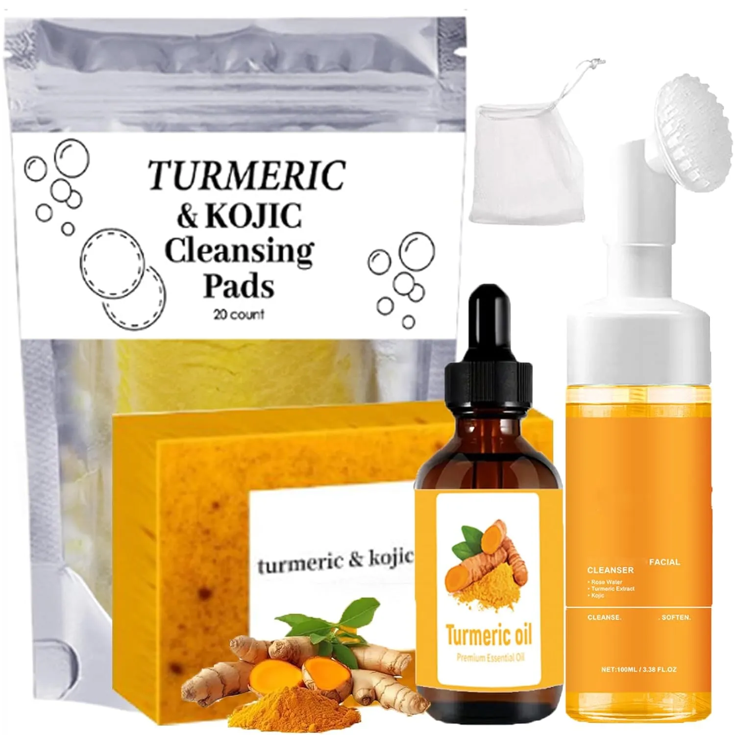 Turmeric Wash and Care 4 Piece Set - Turmeric Soap Bar & Cleansing Pads & Mousse Cleanser & Essential Oil, Facial Wash Kit for Women & Men, Exfoliating Scrub Pads for Face & Body (A)