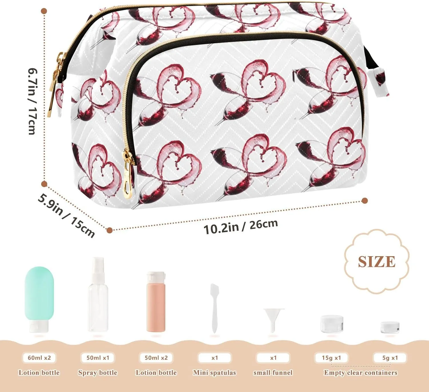Two Red Wine Glasses with Heart over White Background Style Women Cosmetic Bag Makeup Bag Stylish Trip Beauty Bag Travel Toiletry Bag with Bottle Organizer 10.2 x 5.9 x 6.7 inch