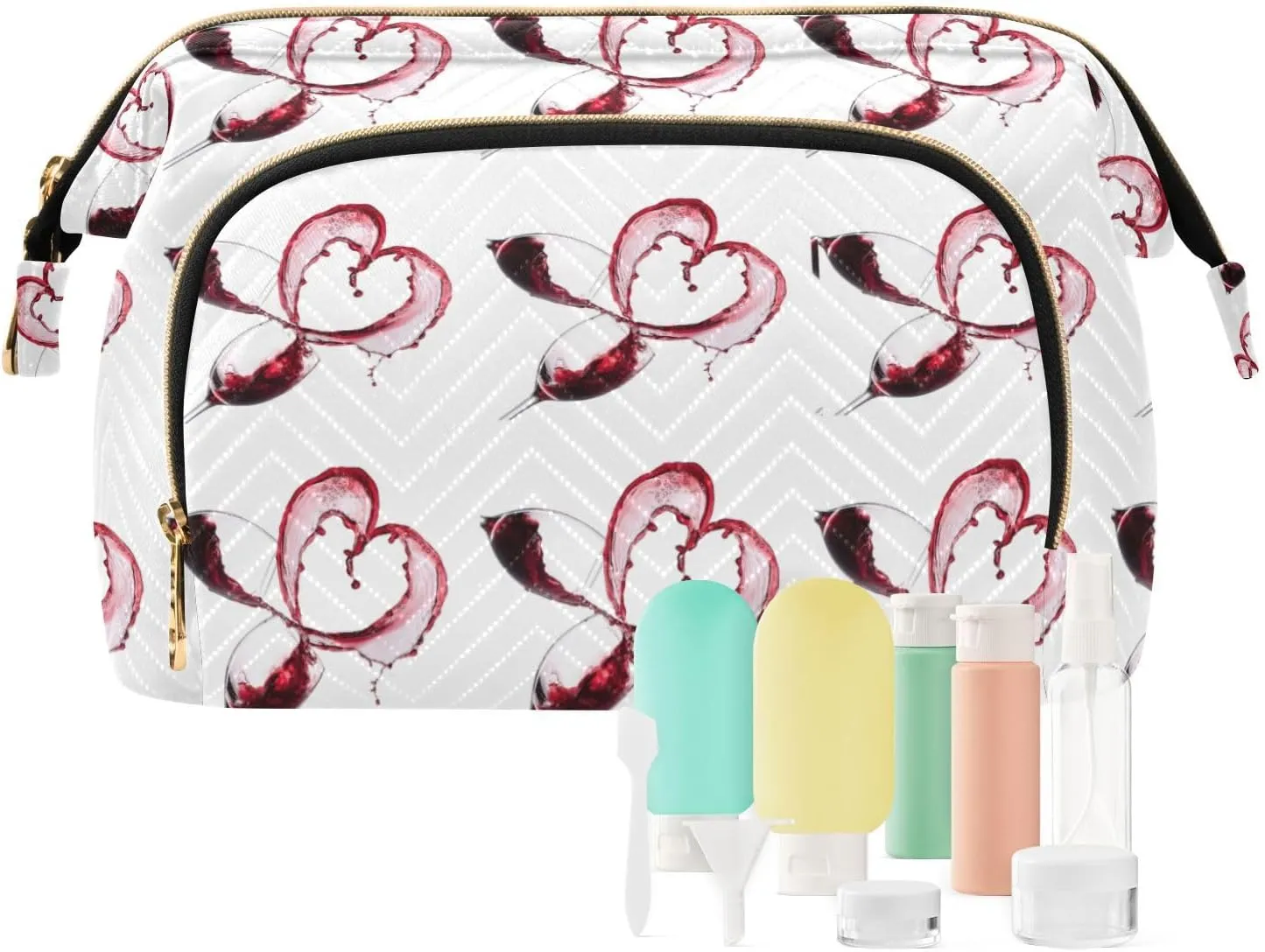 Two Red Wine Glasses with Heart over White Background Style Women Cosmetic Bag Makeup Bag Stylish Trip Beauty Bag Travel Toiletry Bag with Bottle Organizer 10.2 x 5.9 x 6.7 inch
