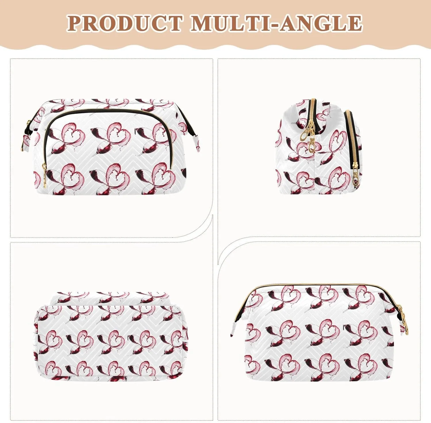 Two Red Wine Glasses with Heart over White Background Style Women Cosmetic Bag Makeup Bag Stylish Trip Beauty Bag Travel Toiletry Bag with Bottle Organizer 10.2 x 5.9 x 6.7 inch