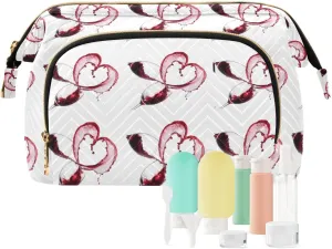 Two Red Wine Glasses with Heart over White Background Style Women Cosmetic Bag Makeup Bag Stylish Trip Beauty Bag Travel Toiletry Bag with Bottle Organizer 10.2 x 5.9 x 6.7 inch