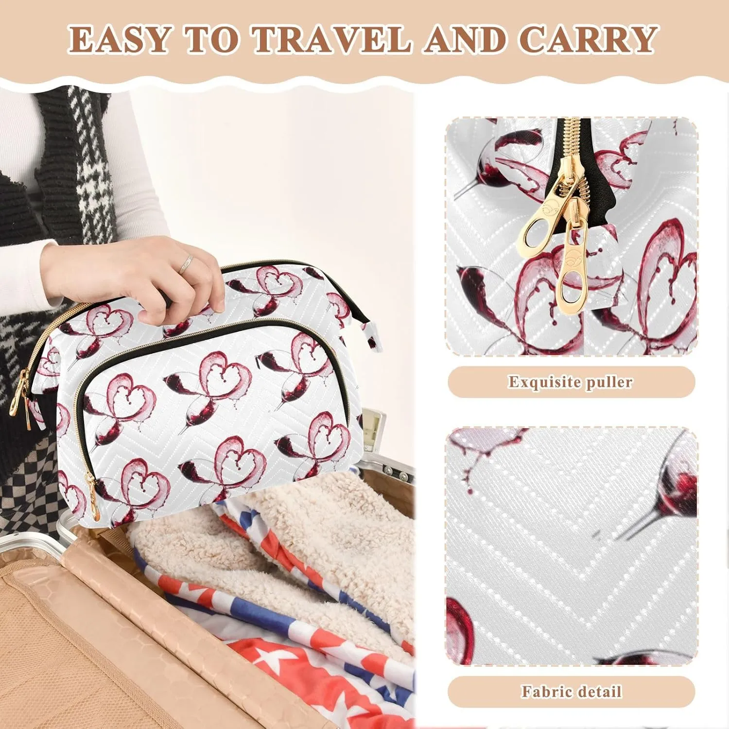 Two Red Wine Glasses with Heart over White Background Style Women Cosmetic Bag Makeup Bag Stylish Trip Beauty Bag Travel Toiletry Bag with Bottle Organizer 10.2 x 5.9 x 6.7 inch