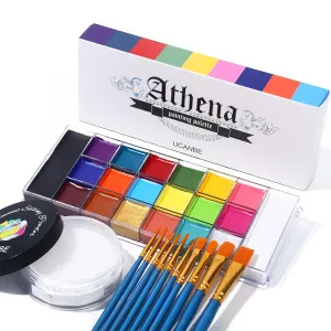 UCANBE Athena Face Body Paint Oil Palette   Translucent Setting Powder   10PCS Brushes Set, Professional Non Toxic Face Painting Pallet Kit for Halloween SFX Cosplay Clown Makeup for Women Adults