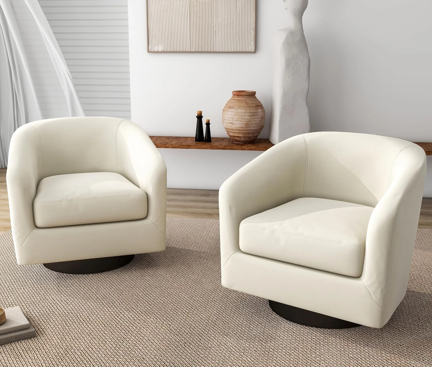 UIXE 360° Swivel Barrel Accent Chair Armchair, Modern Round Club Arm Chair Upholstered Living Room Single Sofa Seating Bedroom Side Reading Seat in Fabric for Home Office (Beige)