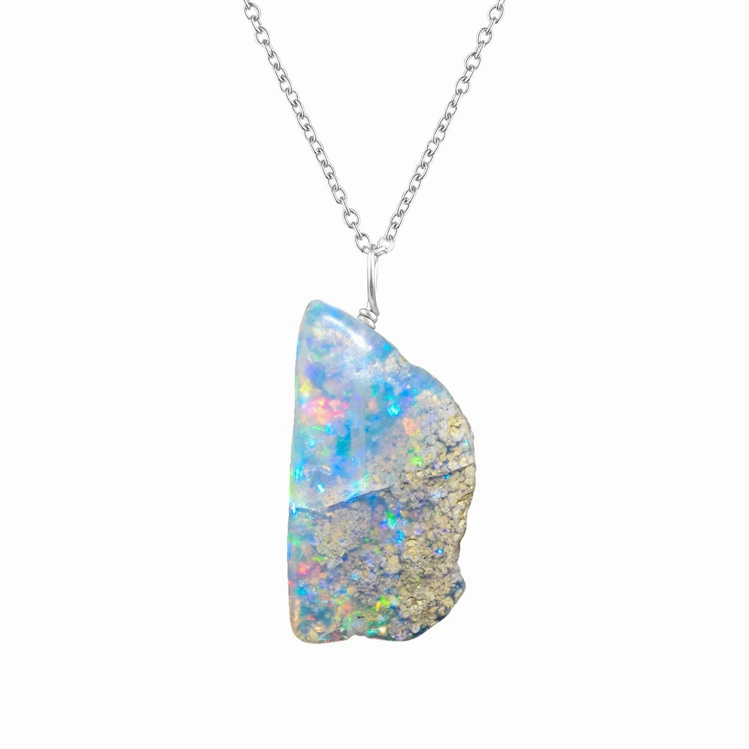 Ultra Fire Polished Raw Ethiopian Opal Stone Handmade Dainty Pendant Necklace For Women, Healing Chakra, Birthstone Jewelry, Rhodium Plated 925 Sterling Silver Chain 18 inch, Birthday Gift