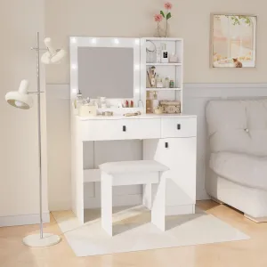 Vanity Desk with Lights, Vanity Set with Mirror, Makeup Vanity Desk with Large Drawers & Three Level Storage Dreeser, Vanitys/Vanities with 3 Lights Brightness Adjustable for Bedroom, White