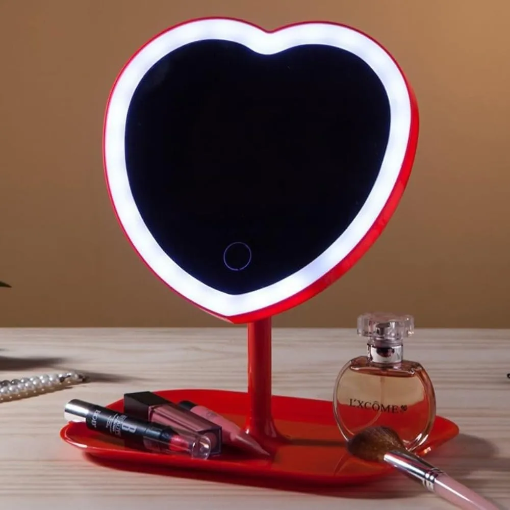 Vanity Mirror, Heart-Shaped Makeup Mirror with Three-Level Dimming and LED Lights for Girls and Students (Pink)