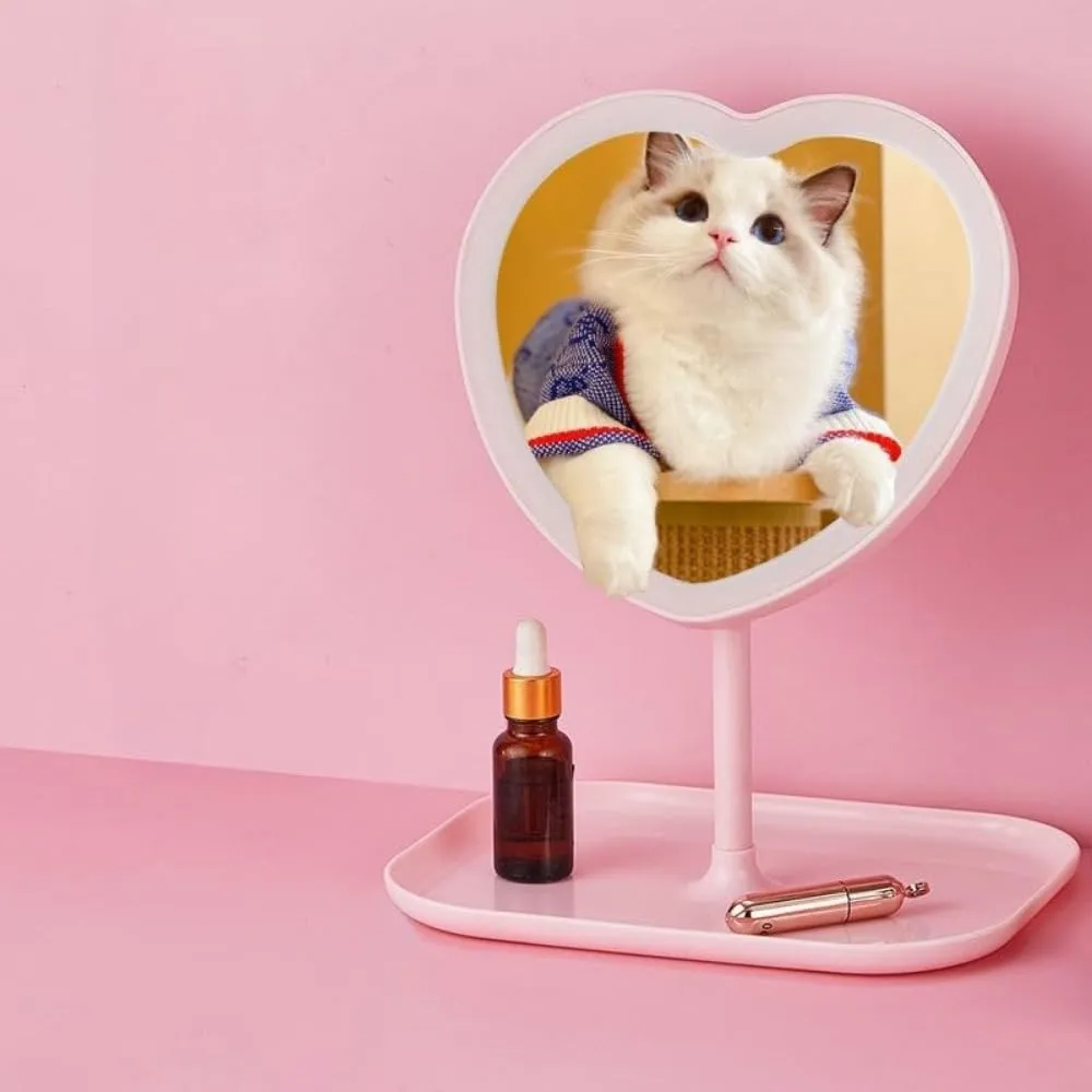 Vanity Mirror, Heart-Shaped Makeup Mirror with Three-Level Dimming and LED Lights for Girls and Students (Pink)