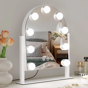 Vanity Mirror with Lights, 14''x12'' Arched Hollywood Makeup Mirror with 3 Color Modes and 9 Dimmable Bulbs, Desk Vanity Mirror with Memory, White