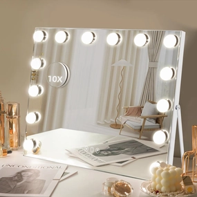Vanity Mirror with Lights, 19.6"x15.7" Hollywood Makeup Mirror with 14 LED Bulbs, Tabletop Lighted Makeup Mirror with 10X Magnification Mirror, 3 Color Modes, USB Charging Port Touch Control