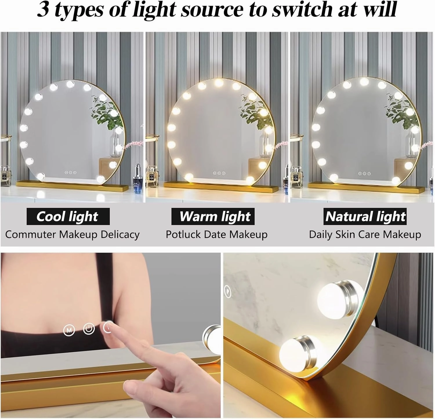 Vanity Mirror With Lights, Hollywood Makeup Mirror With Light, 23.6in Lighted Desktop Makeup Mirror With 14 Dimmable LED Bulbs, Cosmetic Makeup Mirror With Stand, Smart Touch Control(Glod,Diameter 50c