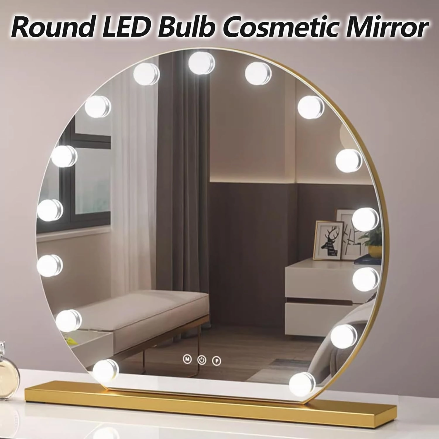 Vanity Mirror With Lights, Hollywood Makeup Mirror With Light, 23.6in Lighted Desktop Makeup Mirror With 14 Dimmable LED Bulbs, Cosmetic Makeup Mirror With Stand, Smart Touch Control(Glod,Diameter 50c