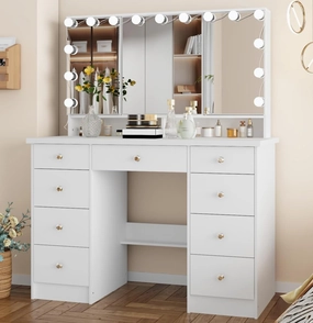 Vanity Mirror with Lights, Makeup Corner Vanity Desk Set with 9 Storage Drawers, 4 Large Shelves, 3 Color Lighting Options, Small Bulbs for Bedroom, White