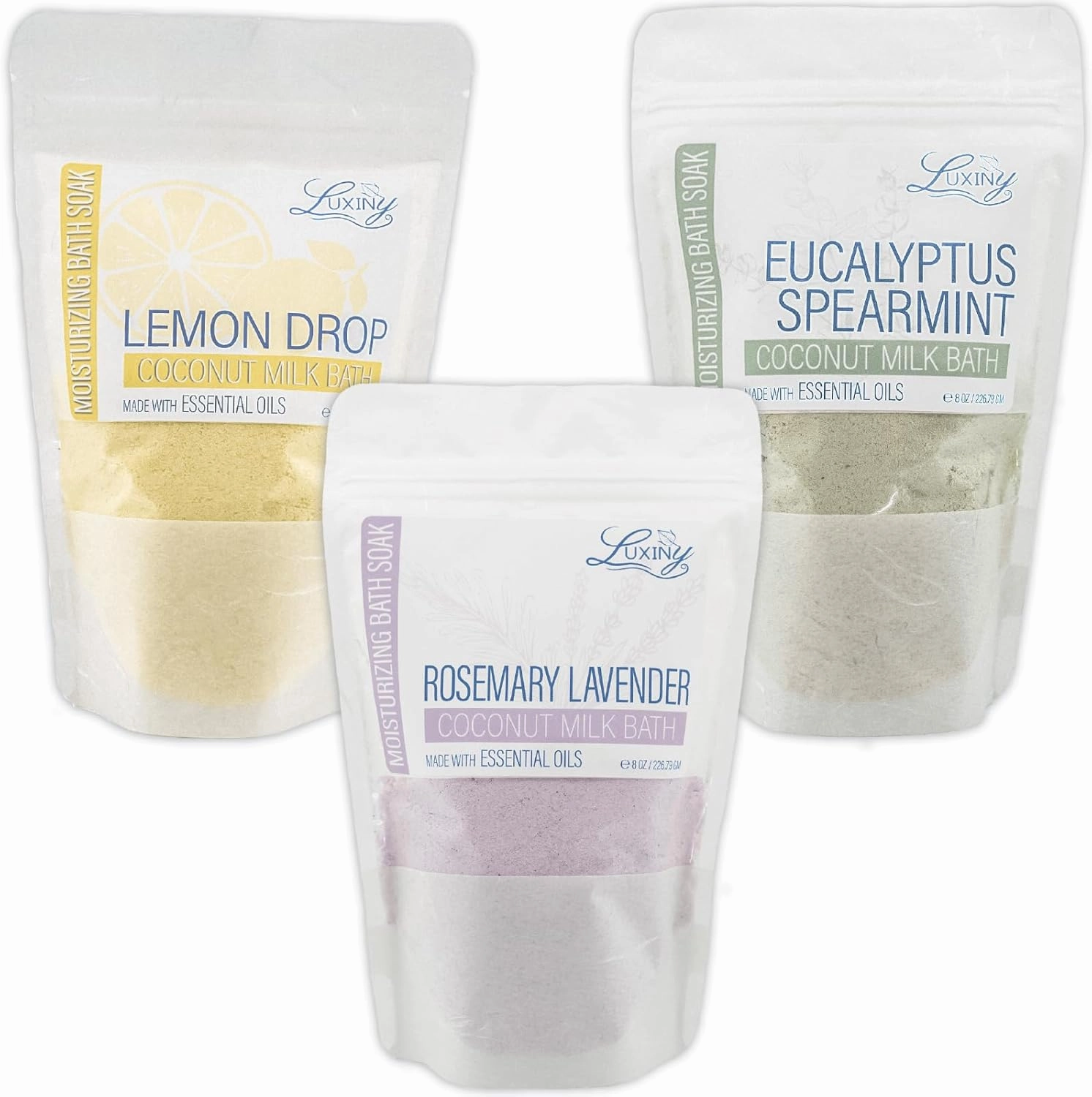 Vegan Milk Bath Soak Made with Coconut Milk Powder & Sweet Almond Oil Which Creates A Bath Bomb Dust Soothing Fizz, 8oz (Rosemary Lavender, Eucalyptus Spearmint, Lemon Drop)