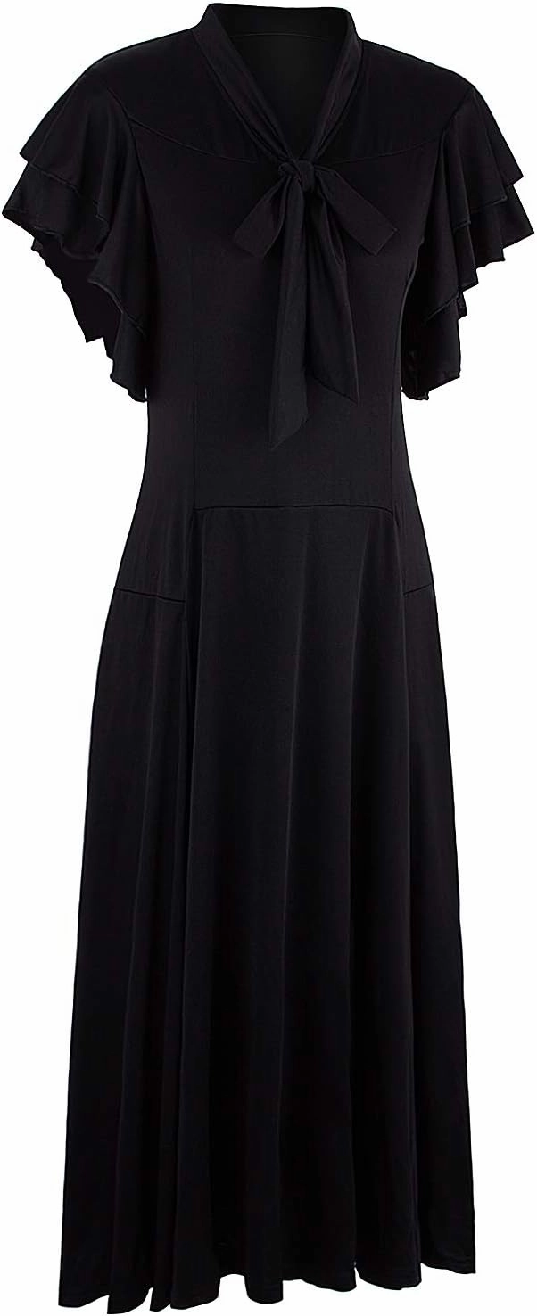 Vijiv Women's Vintage 1920s V Neck Long Bias Cut Sleeveless with Flutter Sleeves Bowknot Flapper Dress