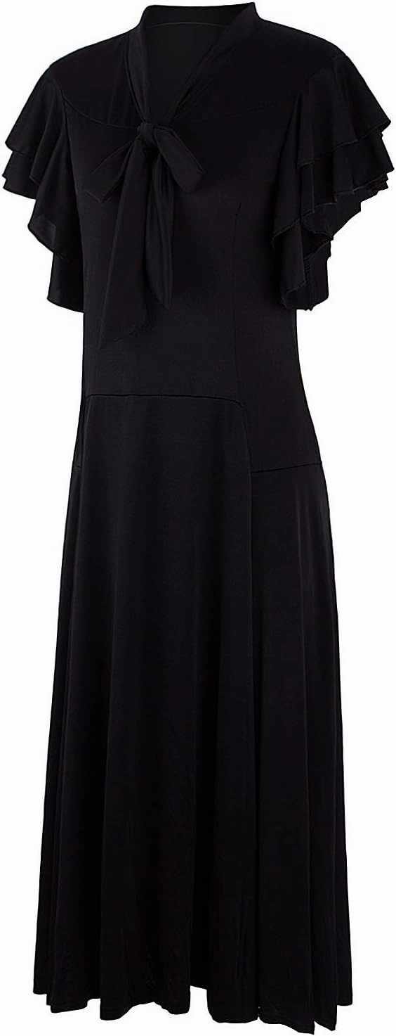Vijiv Women's Vintage 1920s V Neck Long Bias Cut Sleeveless with Flutter Sleeves Bowknot Flapper Dress