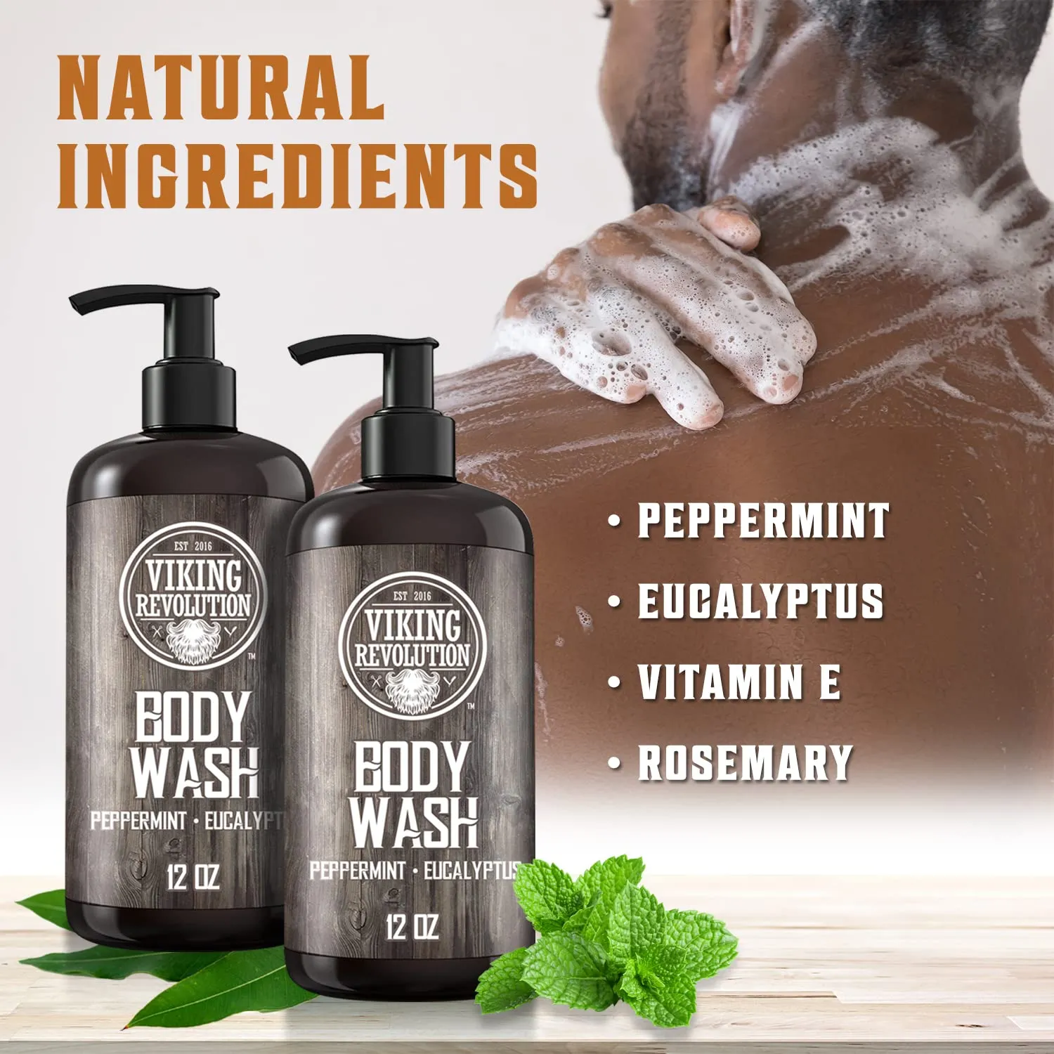 Viking Revolution Men's Body Wash - Eucalyptus Peppermint Body Wash for Men - Mens Natural Body Wash with Vitamin E and Rosemary Oil - Mens Shower Gel Liquid Soap - Peppermint Mens Bodywash (2 Pack)