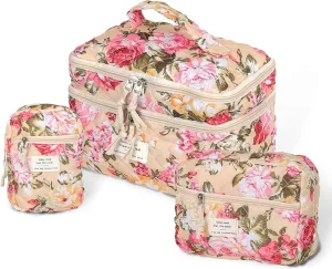 Vintage Floral Quilted Cotton Makeup Bag Set for Women and Girls (3-Piece) - Large, Medium & Small Cosmetic Organizers for Travel, Daily Use, Durable Zipper Pouches with Brush Compartments