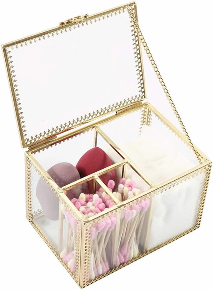 Vintage Golden Glass Lidded Box Qtip Holder Dispenser Jewelry and Cosmetic Makeup Organizer for Cotton Ball, Cotton Swab, Q-Tips, Cotton Pad, Makeup Brush, Cosmetics, Jewelry
