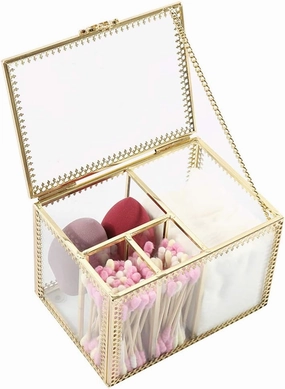 Vintage Golden Glass Lidded Box Qtip Holder Dispenser Jewelry and Cosmetic Makeup Organizer for Cotton Ball, Cotton Swab, Q-Tips, Cotton Pad, Makeup Brush, Cosmetics, Jewelry