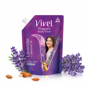 Viveel Fragrant Body Wash, Lavender & Almond Oil Shower Gel, 400 ml Supersaver Refill Pouch, Moisturizing Bodywash, Soft & Smooth Skin, Effective Cleansing, For Women & Men