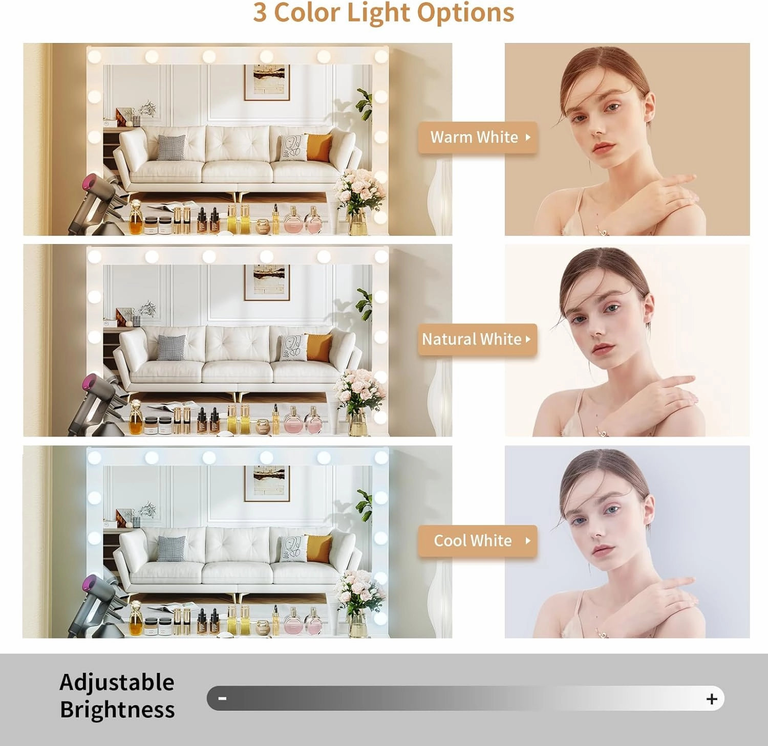 VOWNER Vanity with Lighted Mirror - Makeup Vanity Desk with Glass Top, 7 Drawers and Power Outlet, 3 Color Lighting Modes Adjustable Brightness, 44" Vanity Table with Stool for Women Girls, White