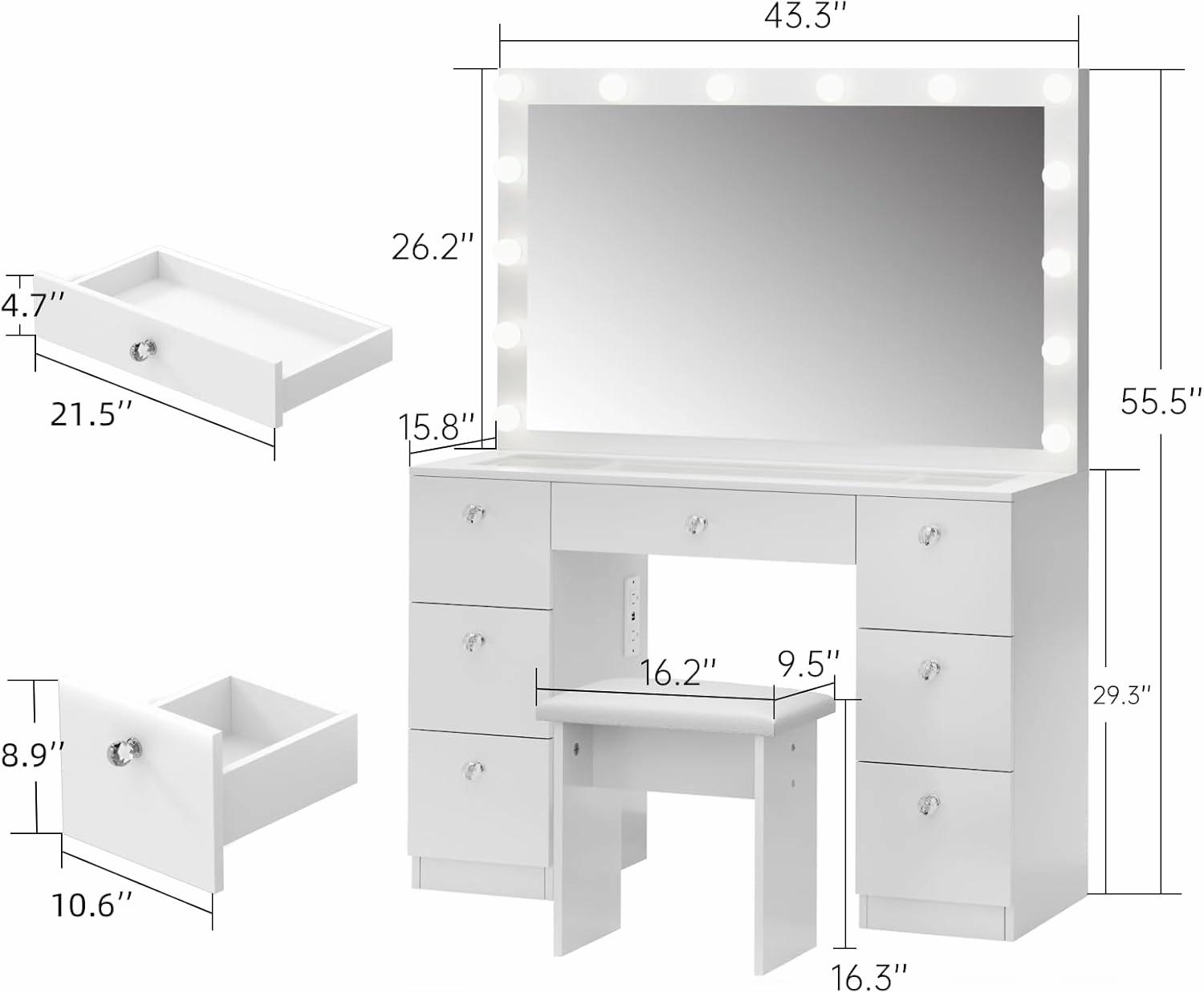 VOWNER Vanity with Lighted Mirror - Makeup Vanity Desk with Glass Top, 7 Drawers and Power Outlet, 3 Color Lighting Modes Adjustable Brightness, 44" Vanity Table with Stool for Women Girls, White