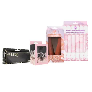 W7 Silky Hair Essentials - 4 Piece Set - Satin Headband, Scrunchies & Heatless Hair Rollers & Curler - Anti-Breakage Styling Tools
