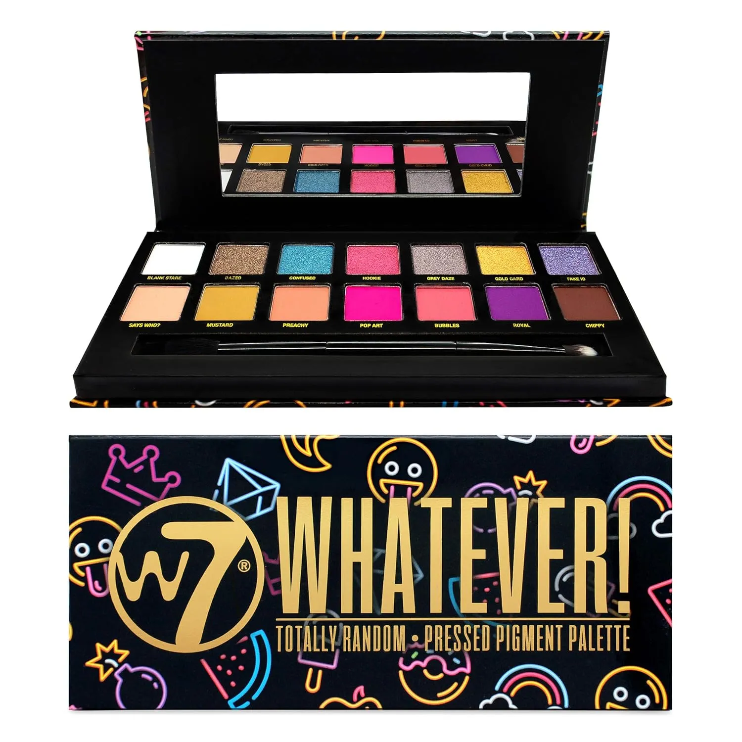 W7 Whatever Pressed Pigment Palette - 14 Rainbow Colors - Flawless Long-Lasting Party Makeup