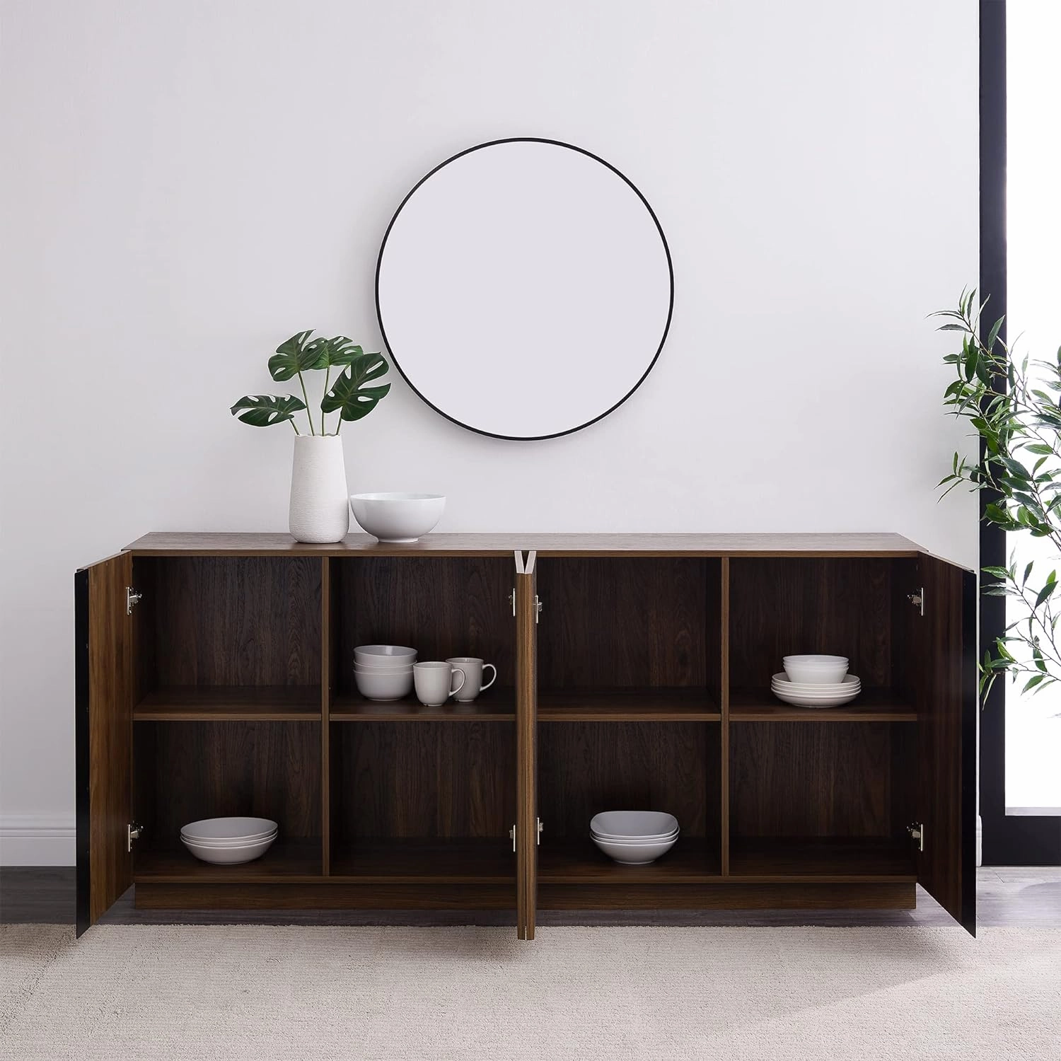 Walker Edison Liss Contemporary 4-Door Minimalist Sideboard, 70 Inch, Dark Walnut