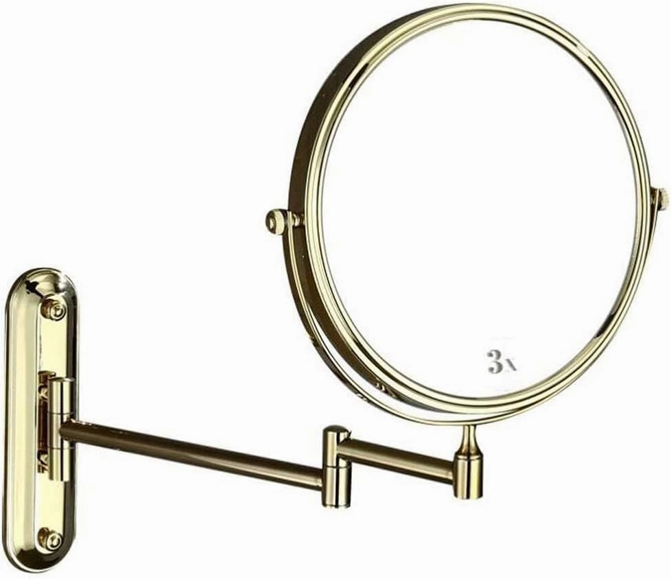 Wall-Mounted All-Copper Makeup Mirror, 8-inch Folding Vanity Mirror with 1X/3X Magnification, 360° Swivel, Electroplated Gold Finish