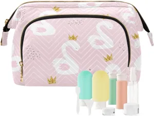 White Cute Swan Princess with Golden Glitter Crown on Light Pink Women Cosmetic Bag Makeup Bag Stylish Trip Beauty Bag Travel Toiletry Bag with Bottle Organizer 10.2 x 5.9 x 6.7 inch