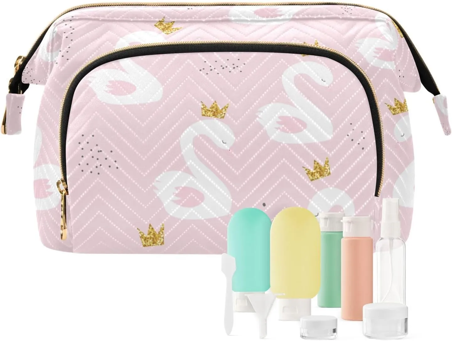 White Cute Swan Princess with Golden Glitter Crown on Light Pink Women Cosmetic Bag Makeup Bag Stylish Trip Beauty Bag Travel Toiletry Bag with Bottle Organizer 10.2 x 5.9 x 6.7 inch
