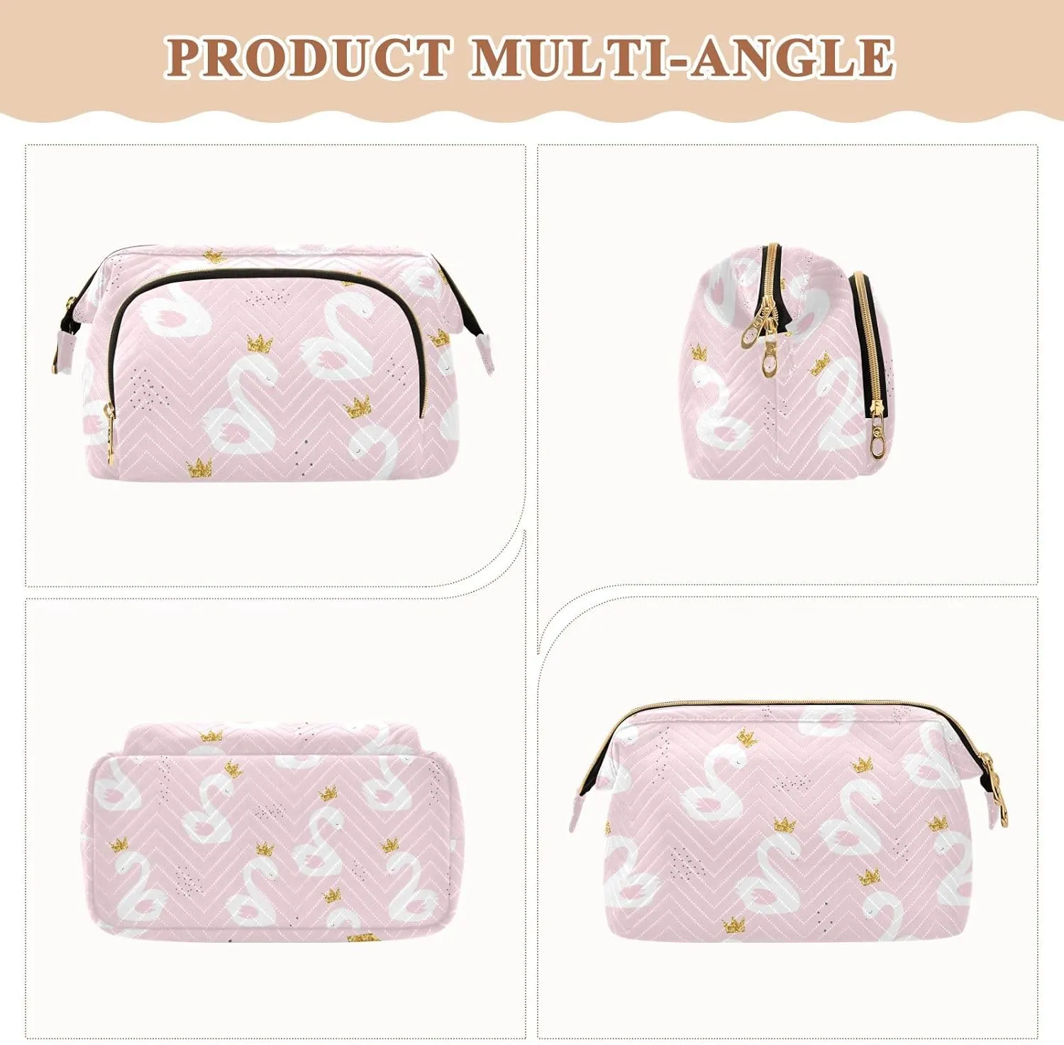 White Cute Swan Princess with Golden Glitter Crown on Light Pink Women Cosmetic Bag Makeup Bag Stylish Trip Beauty Bag Travel Toiletry Bag with Bottle Organizer 10.2 x 5.9 x 6.7 inch