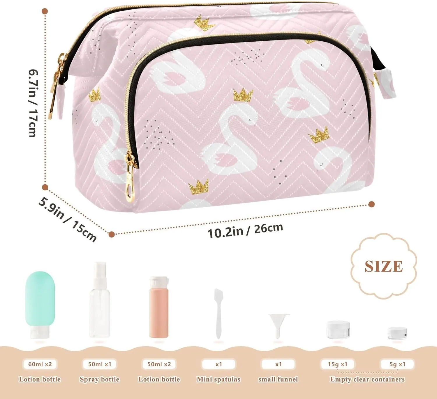 White Cute Swan Princess with Golden Glitter Crown on Light Pink Women Cosmetic Bag Makeup Bag Stylish Trip Beauty Bag Travel Toiletry Bag with Bottle Organizer 10.2 x 5.9 x 6.7 inch