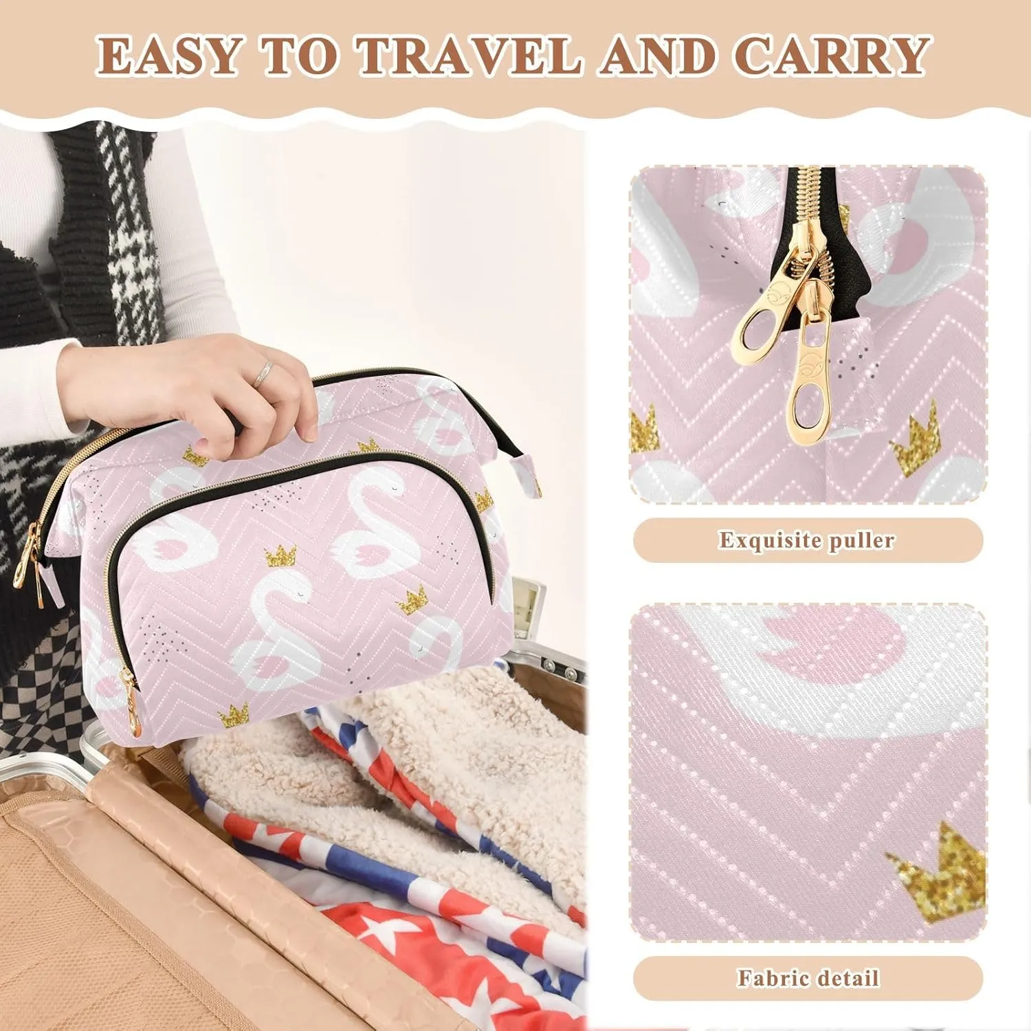 White Cute Swan Princess with Golden Glitter Crown on Light Pink Women Cosmetic Bag Makeup Bag Stylish Trip Beauty Bag Travel Toiletry Bag with Bottle Organizer 10.2 x 5.9 x 6.7 inch