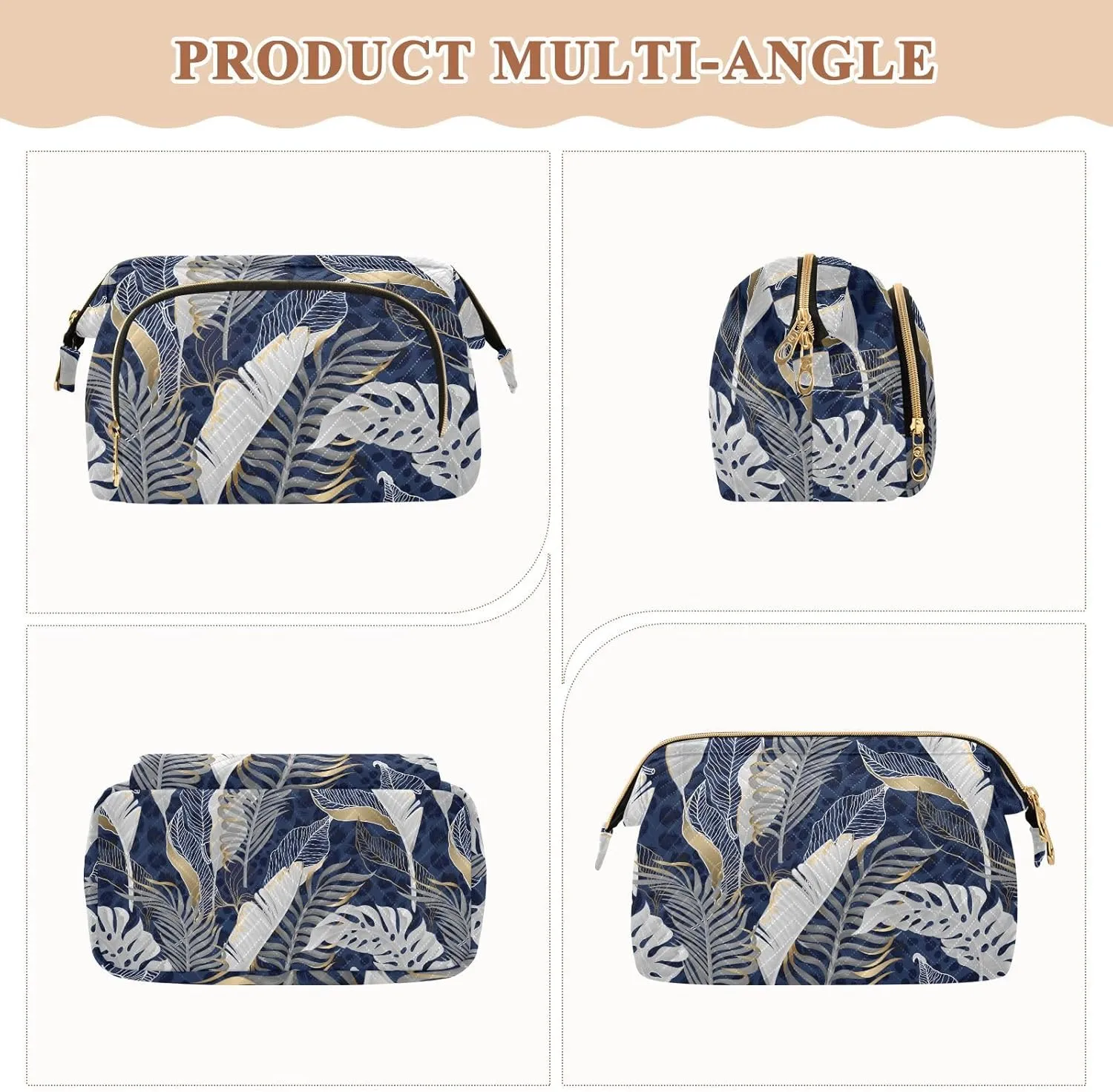 White Grey Tropical Leaves with Gold Elements on Blue Leopard Skin Women Cosmetic Bag Makeup Bag Stylish Trip Beauty Bag Travel Toiletry Bag with Bottle Organizer 10.2 x 5.9 x 6.7 inch