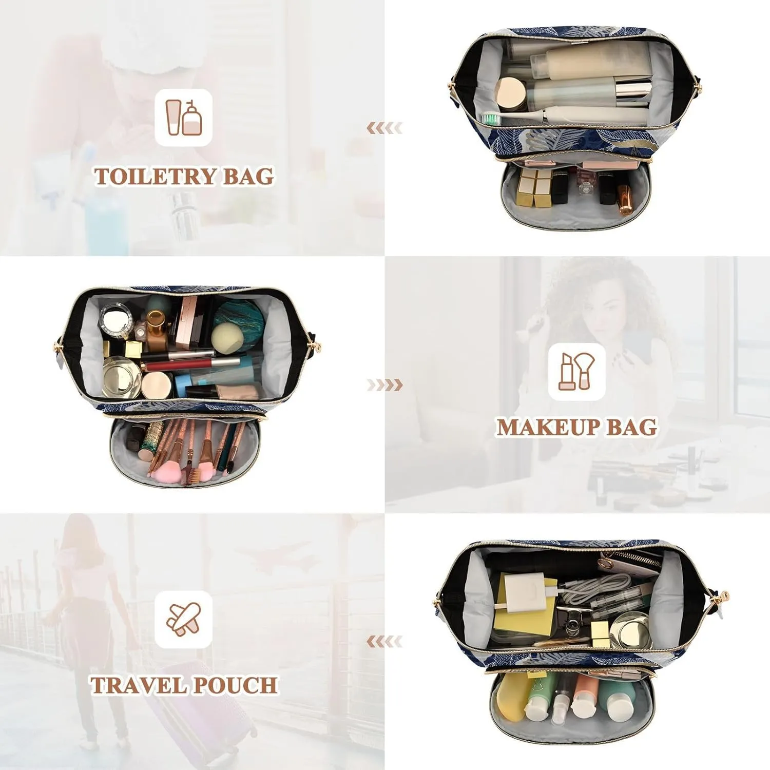 White Grey Tropical Leaves with Gold Elements on Blue Leopard Skin Women Cosmetic Bag Makeup Bag Stylish Trip Beauty Bag Travel Toiletry Bag with Bottle Organizer 10.2 x 5.9 x 6.7 inch