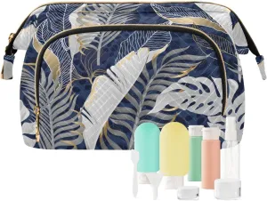White Grey Tropical Leaves with Gold Elements on Blue Leopard Skin Women Cosmetic Bag Makeup Bag Stylish Trip Beauty Bag Travel Toiletry Bag with Bottle Organizer 10.2 x 5.9 x 6.7 inch