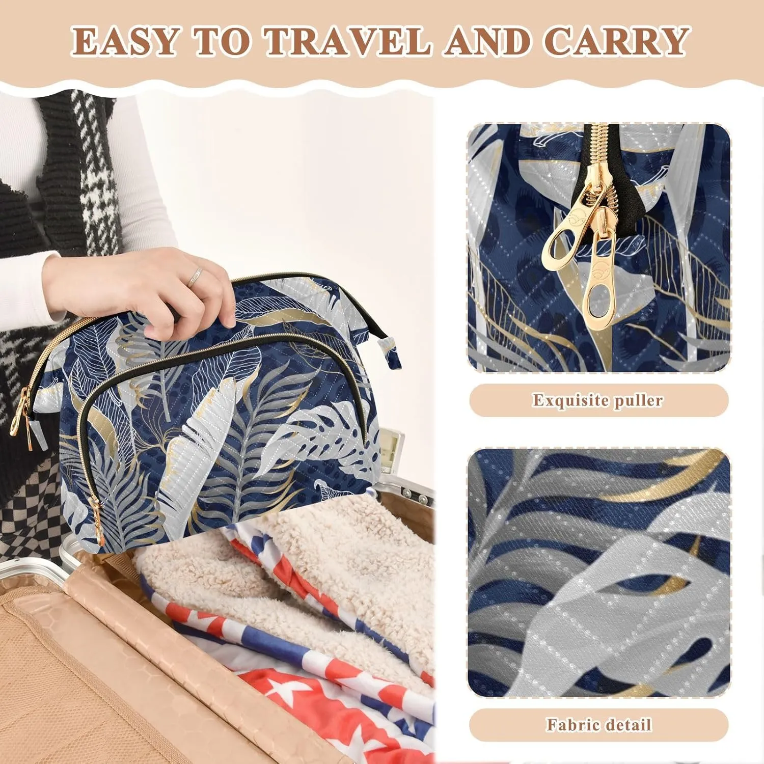 White Grey Tropical Leaves with Gold Elements on Blue Leopard Skin Women Cosmetic Bag Makeup Bag Stylish Trip Beauty Bag Travel Toiletry Bag with Bottle Organizer 10.2 x 5.9 x 6.7 inch
