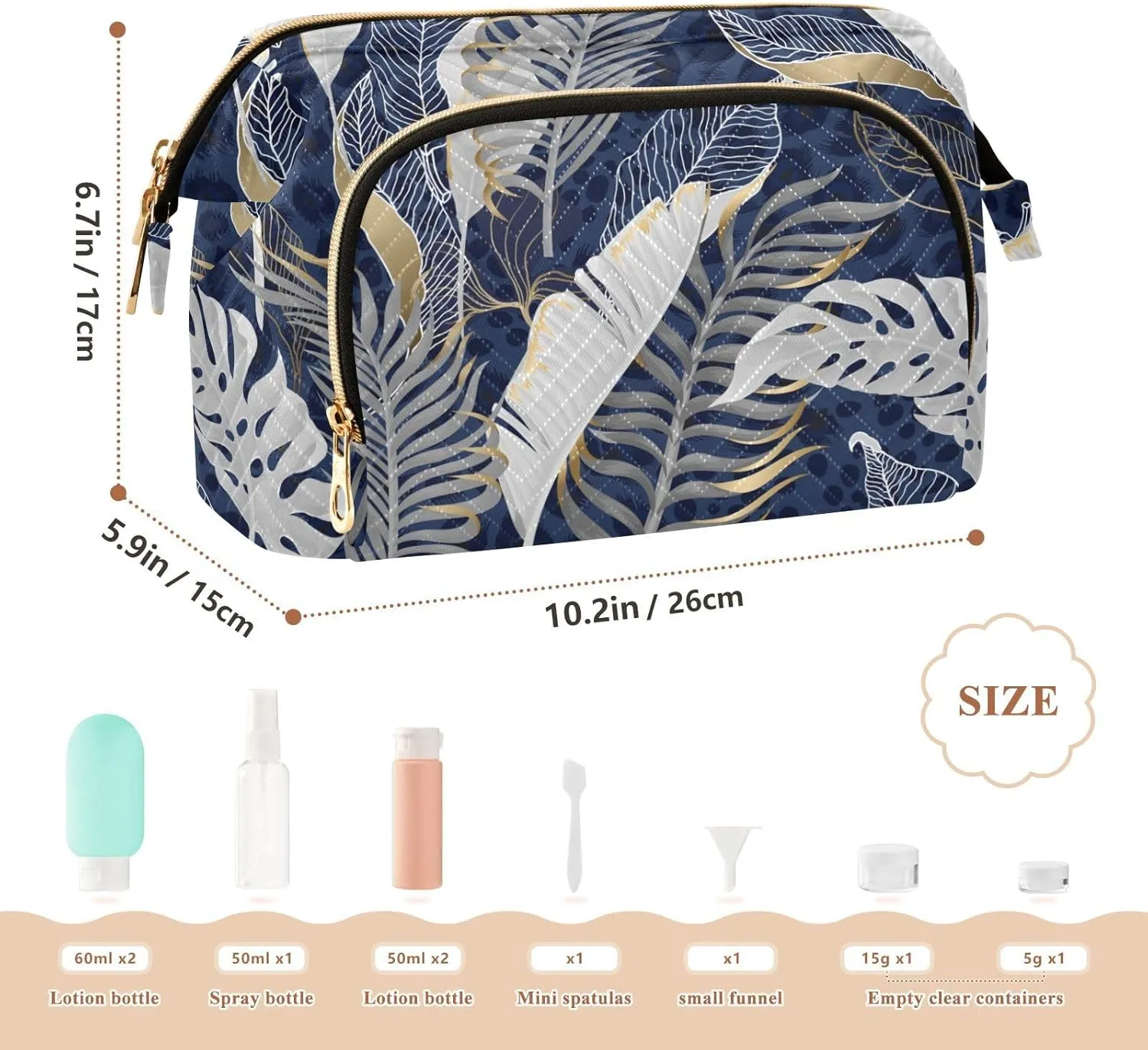 White Grey Tropical Leaves with Gold Elements on Blue Leopard Skin Women Cosmetic Bag Makeup Bag Stylish Trip Beauty Bag Travel Toiletry Bag with Bottle Organizer 10.2 x 5.9 x 6.7 inch