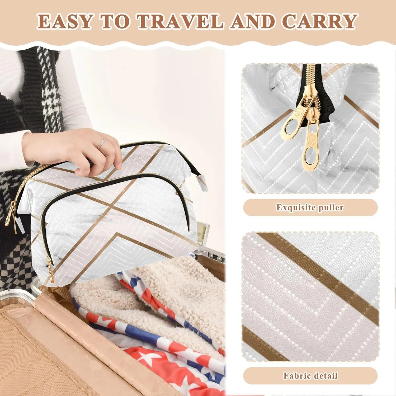 White Pink Marble Background with Golden Geometric Shapes Women Cosmetic Bag Makeup Bag Stylish Trip Beauty Bag Travel Toiletry Bag with Bottle Organizer 10.2 x 5.9 x 6.7 inch