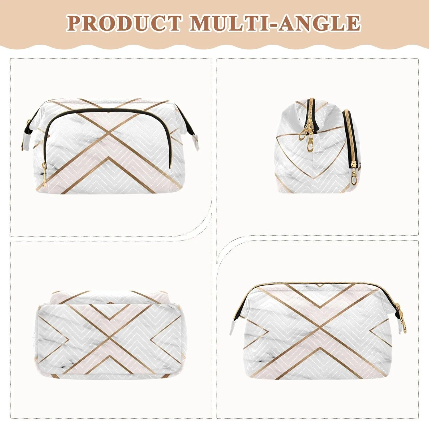 White Pink Marble Background with Golden Geometric Shapes Women Cosmetic Bag Makeup Bag Stylish Trip Beauty Bag Travel Toiletry Bag with Bottle Organizer 10.2 x 5.9 x 6.7 inch