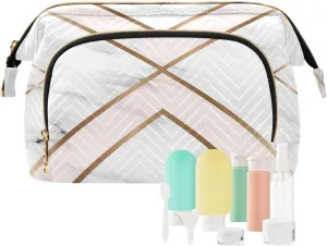 White Pink Marble Background with Golden Geometric Shapes Women Cosmetic Bag Makeup Bag Stylish Trip Beauty Bag Travel Toiletry Bag with Bottle Organizer 10.2 x 5.9 x 6.7 inch